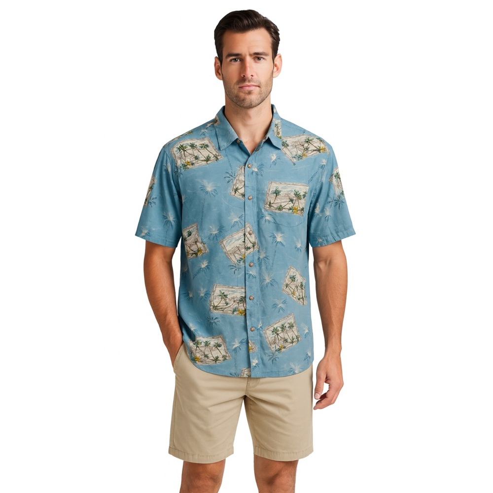 Batik Bay Men’s Postcard Print Blue Short Sleeve Button Front Shirt, Size L
